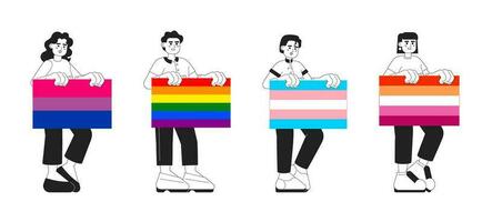 Happy people holds lgbt pride flags monochrome concept vector spot illustrations pack. Equal rights for lovers 2D bw cartoon characters for web UI design. Diversity isolated editable hero images set