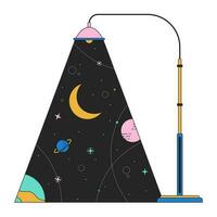 Lamppost light planets galaxy flat line concept vector spot illustration. Moon crescent stars streetlight city 2D cartoon outline scene on white for web UI design. Editable isolated color hero image