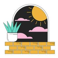 Surreal arch with plant on windowsill flat line concept vector spot illustration. Sun nighttime 2D cartoon outline scene on white for web UI design. Surrealismus editable isolated color hero image