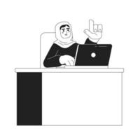 Muslim woman in hijab working on computer 2D vector monochrome isolated spot illustration. Talking flat hand drawn character on white background. Busy person editable outline cartoon scene