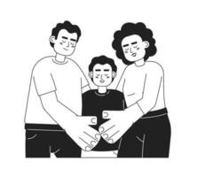 Mixed race parents with smiling son monochromatic flat vector characters. Family time. Two parents child. Editable thin line people on white. Simple bw cartoon spot image for web graphic design