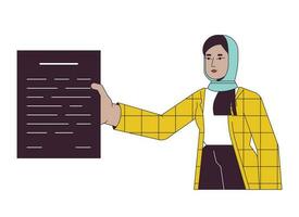 Hijab office worker giving paperwork flat line color vector character. Editable outline half body person on white. Female employee document simple cartoon spot illustration for web graphic design