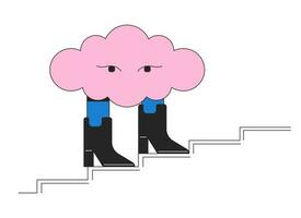 Surreal cloud walking in boots flat line concept vector spot illustration. Cumulus 2D cartoon outline character on white for web UI design. Dream hallucination editable isolated color hero image