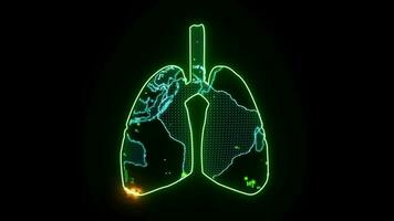 global et particule vert hydrogène en volant à l'intérieur poumon vert numérique animation avec énergie de la vie sur le noir écran video