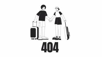 Couple on vacation black and white error 404 animation. Honeymoon error message gif, motion graphic. Afro hair man and asian woman holding hands animated characters linear 4K video isolated on white