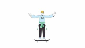 Teenage boy riding skateboard line 2D character animation. Have fun in skate park flat color cartoon 4K video, alpha channel. Young adult male hipster on skateboard animated person on white background video