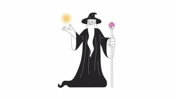 Merlin wizard spelling fireball bw cartoon animation. Magician with long beard 4K video motion graphic. Sorcerer with magic rod 2D monochrome line animated character isolated on white background