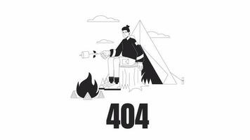 Camping with toasted marshmallow black and white error 404 animation. Forest vacation error message gif, motion graphic. Hiking in fall. Guy hiker animated character linear 4K video isolated on white