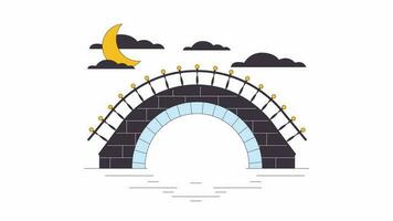 sten bro över flod i månsken linje tecknad serie animation. måne natt himmel 4k video rörelse grafisk. sten båge bro i molnig nattetid 2d linjär animerad scen isolerat på vit bakgrund