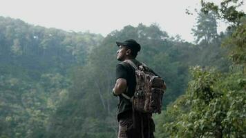 ein asiatisch Mann Stehen auf das Kante von ein Cliff während suchen beim das schön natürlich Landschaft im ein Wald video