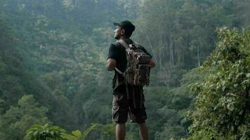 un asiático hombre en pie en el borde de un acantilado mientras mirando a el hermosa natural paisaje en un bosque video