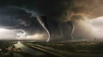 Destructive tornado funnel, natural cataclysm disaster. AI generated. photo
