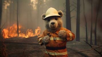 Bear in form of firefighter puts out fire, background is forest smoke. AI generated. photo
