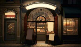 Showcase entrance of a store, pizzeria, street cafe with a signboard, evening light. AI generated. photo