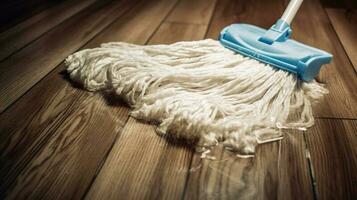 Cleaning, washing the wooden floor with a professional wet mop. AI generated. photo