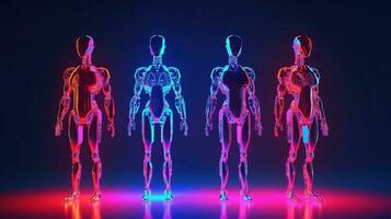 World Population Day. Group of chrome robots in neon light, dark background. AI generated. photo