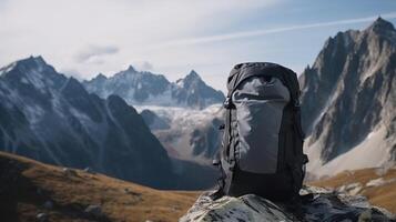 Tourist backpack isolate, mountain peaks background, outdoor activities. . photo