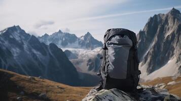 Tourist backpack isolate, mountain peaks background, outdoor activities. AI generated. photo