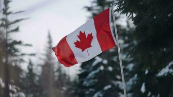 Canada Independence Day. National flag in the wind in a snowy spruce forest. AI generated. photo