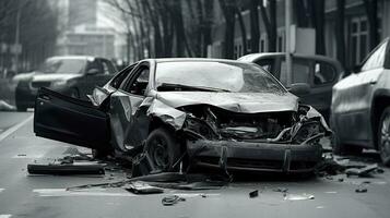 Car accident, broken damaged body metal. Life insurance, technology. AI generated. photo