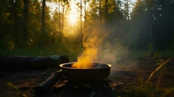 Tourist tent with campfire in summer green forest, outdoor activities. AI generated. photo