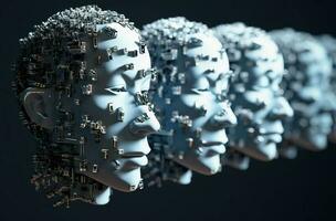 Artificial intelligence. Scattering head profile of a chrome-plated robot, black background. AI generated. photo