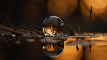 mundo fotografía día, bosque reflexión en gota de rocío en verde hoja. ai generado. foto