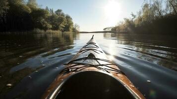 Active rest, tourism. Kayak floats on river in rays of sun. AI generated. photo