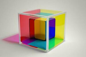 Empty podium pedestal multicolored transparent cube for product presentation. AI generated. photo
