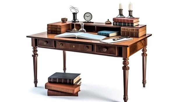 Business table isolate with office supplies with chair on white background. AI generated. photo