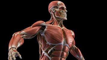 Anatomical structure of muscular system of human body, dark background. AI generated. photo