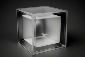 Empty podium pedestal transparent cube for product presentation, dark background. AI generated. photo