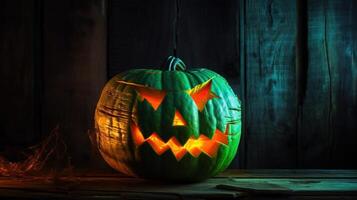 Halloween scary pumpkin in green fire, black background. . photo