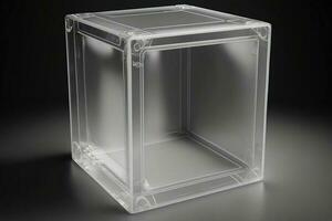 Empty podium pedestal transparent cube for product presentation, dark background. AI generated. photo