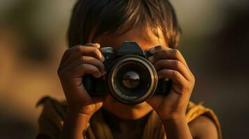 mundo fotografía día, niña toma foto con cámara, profesional pasatiempo. ai generado.