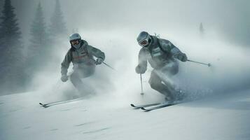 Group of skiers athletes compete going down from ski mountain. AI generated. photo