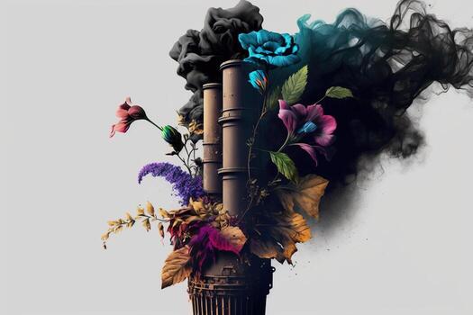 Ecology pollution, smoke from a pipe with flowers, white background. AI generated. photo