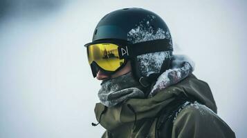 Skier in glasses close-up, background of snow-covered ski peaks of the mountains. AI generated. photo