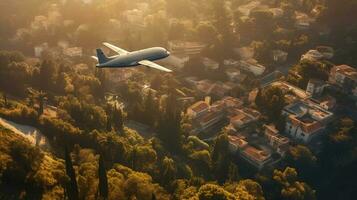 Tourist plane liner flies over a tropical sea city in the morning sun. Exotic travel. AI generated. photo