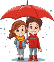 niños, un chico y un niña vestido en calentar ropa, en pie en el lluvia debajo un rojo sombrilla. vector ilustración png