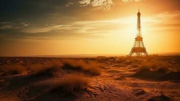 Futuristic concept of saving planet. Parisian Eiffel Tower in desert sands. AI generated. photo