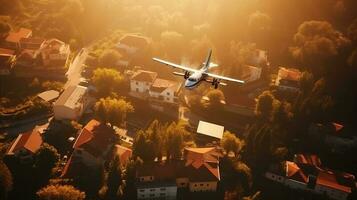 Tourist plane liner flies over a tropical sea city in the morning sun. Exotic travel. AI generated. photo