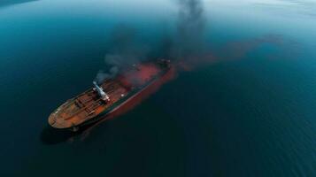 Ecological disaster, oil spill in ocean near tanker, top view. Commercial delivery. AI generated. photo