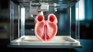 3D printer prints a human heart. Medical implantation of organs. AI generated. photo