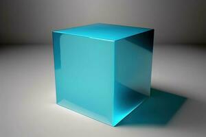 Empty podium pedestal blue transparent cube for product presentation. AI generated. photo