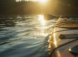 Active rest, tourism. Kayak floats on river in rays of sun. AI generated. photo