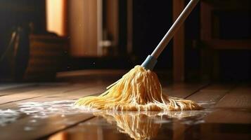 Cleaning, washing the wooden floor with a professional wet mop. AI generated. photo