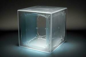 Empty podium pedestal blue transparent cube for product presentation. AI generated. photo