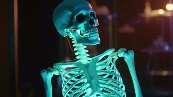 Human skeleton in neon light, dark background. Scientific body anatomy. AI generated. photo