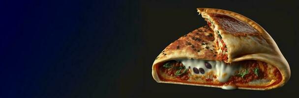 Pizza calzone cut into pieces, dark background. Traditional Italian cuisine. AI generated. photo